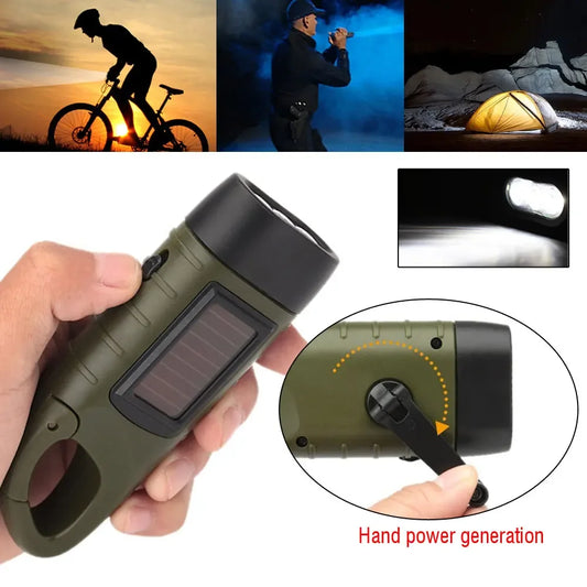 Solar Powered Flashlight Hand Crank Dynamo Rechargeable LED Light Lamp Charging Powerful Torch For Outdoor self-defense Camping